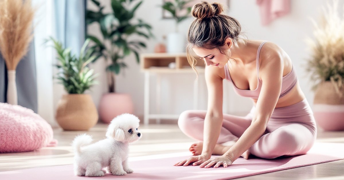 Young woman in a yoga studio wearing pink activewear, sitting on a yoga mat and looking at a small white teacup poodle on the mat.